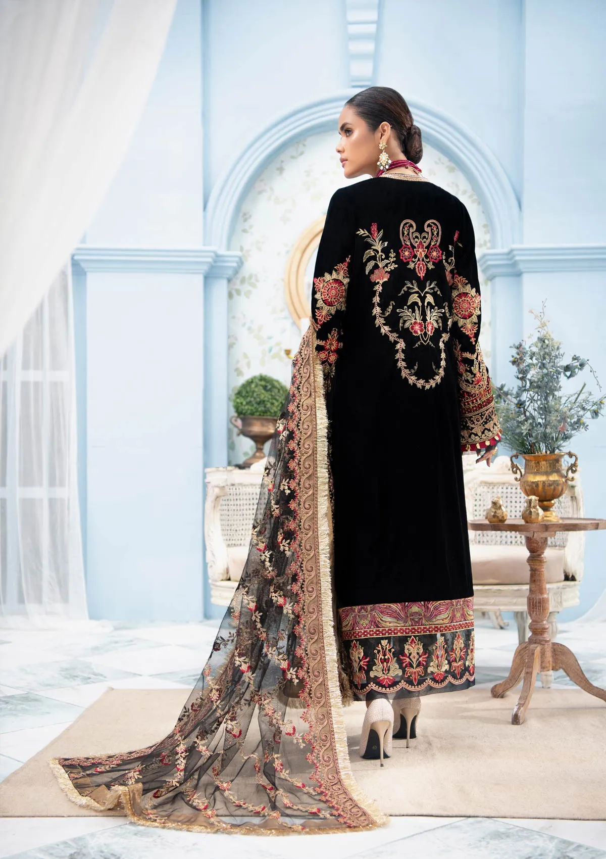 Elegant Party Dress Pakistani in Black Velvet #PF266