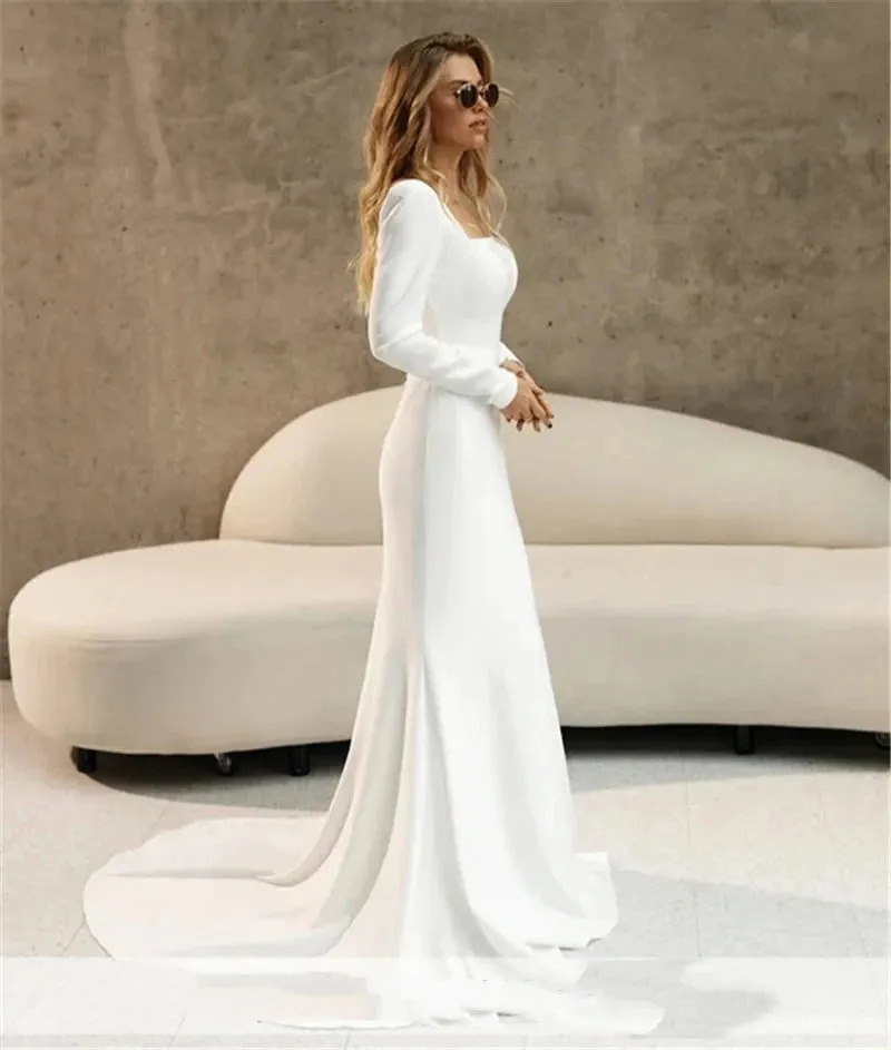 Elegant Satin Square Collar  Mermaid Wedding Dress
