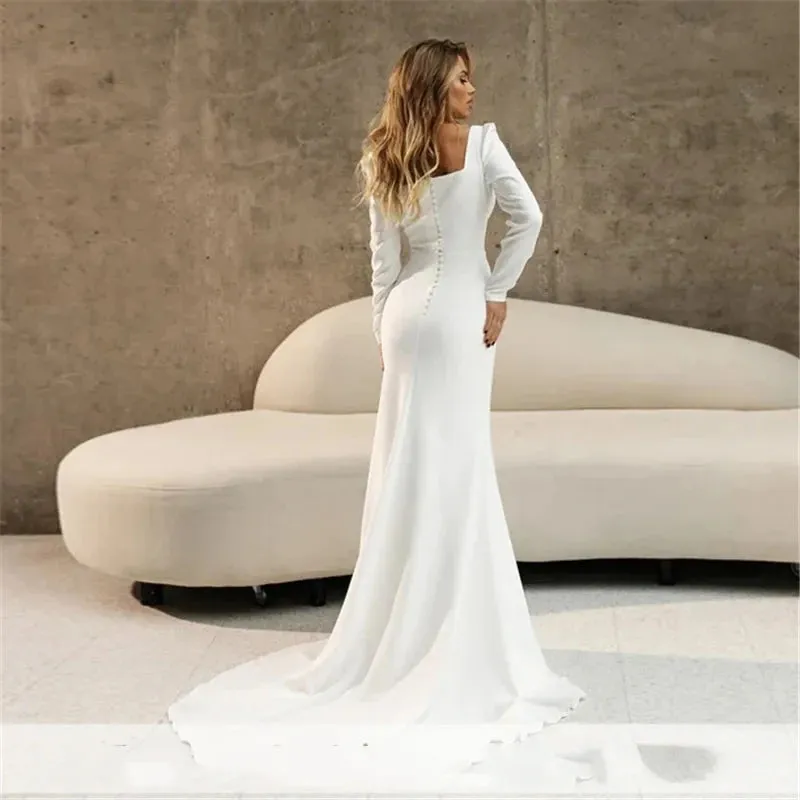 Elegant Satin Square Collar  Mermaid Wedding Dress