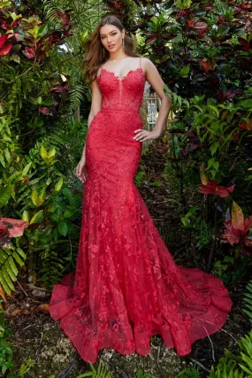 Ellie Wilde EW36008 Size 00 Strawberry Long Lace Mermaid Corset Prom Dress Formal Evening Gown V Neck Train