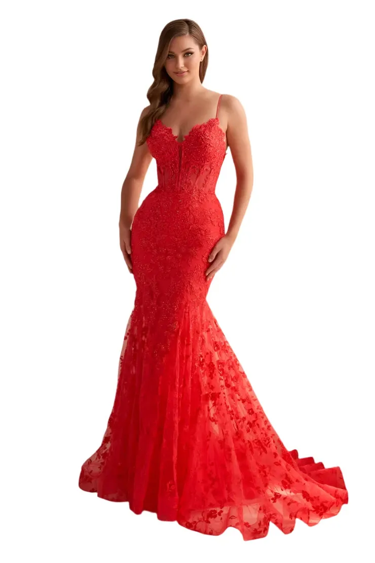 Ellie Wilde EW36008 Size 00 Strawberry Long Lace Mermaid Corset Prom Dress Formal Evening Gown V Neck Train