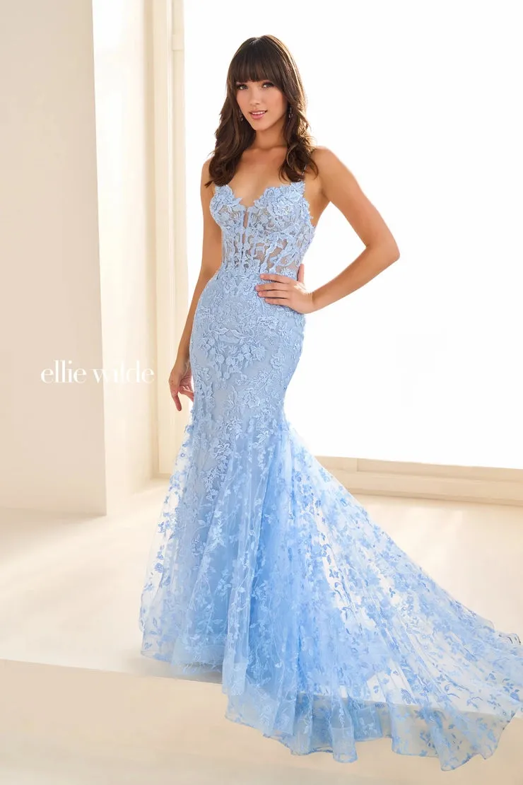 Ellie Wilde EW36008 Size 00 Strawberry Long Lace Mermaid Corset Prom Dress Formal Evening Gown V Neck Train