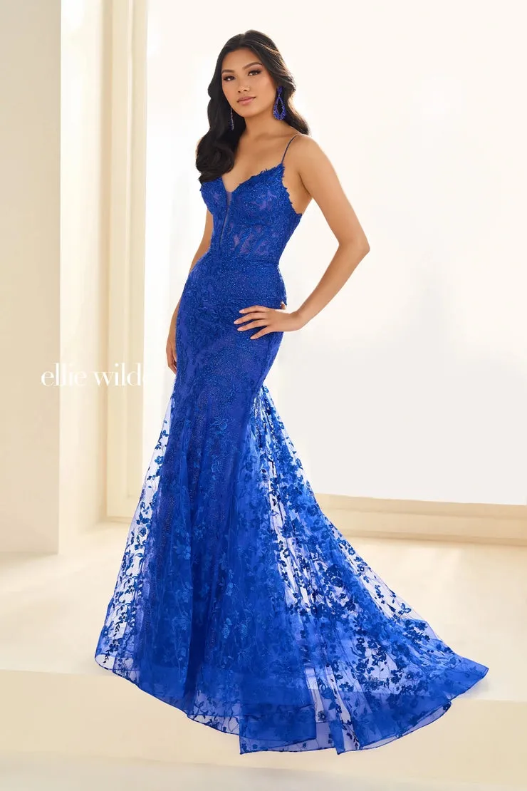 Ellie Wilde EW36008 Size 00 Strawberry Long Lace Mermaid Corset Prom Dress Formal Evening Gown V Neck Train