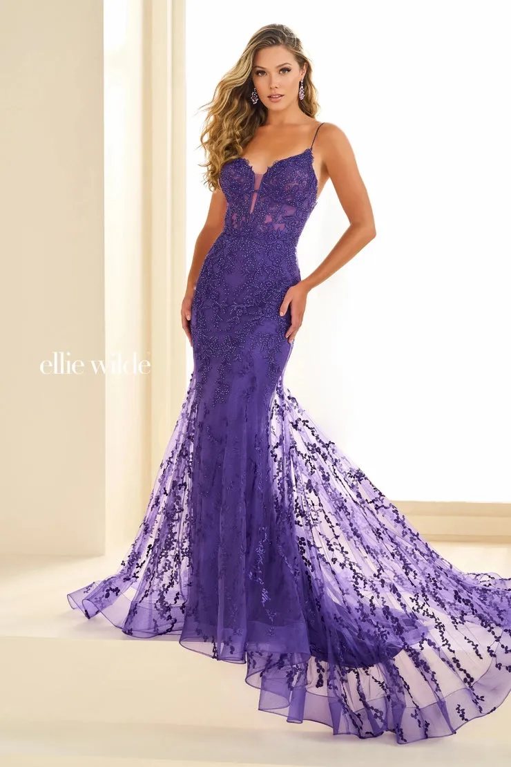 Ellie Wilde EW36008 Size 00 Strawberry Long Lace Mermaid Corset Prom Dress Formal Evening Gown V Neck Train