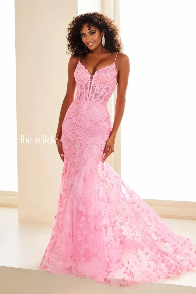 Ellie Wilde EW36008 Size 00 Strawberry Long Lace Mermaid Corset Prom Dress Formal Evening Gown V Neck Train