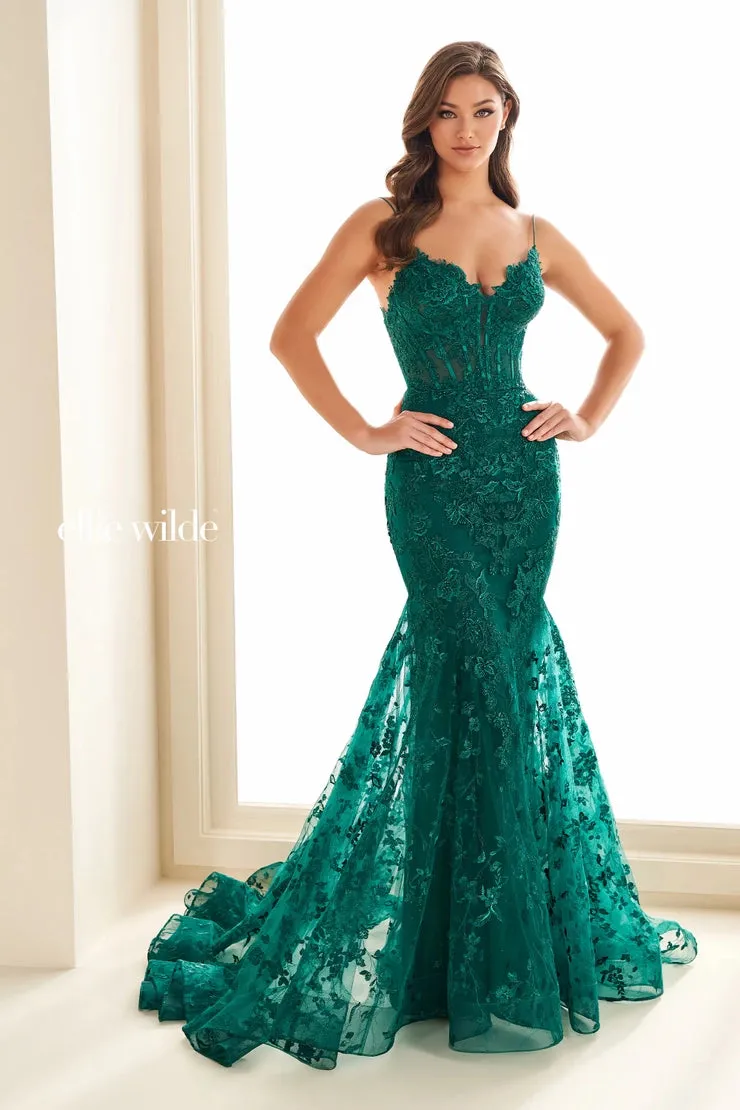 Ellie Wilde EW36008 Size 00 Strawberry Long Lace Mermaid Corset Prom Dress Formal Evening Gown V Neck Train