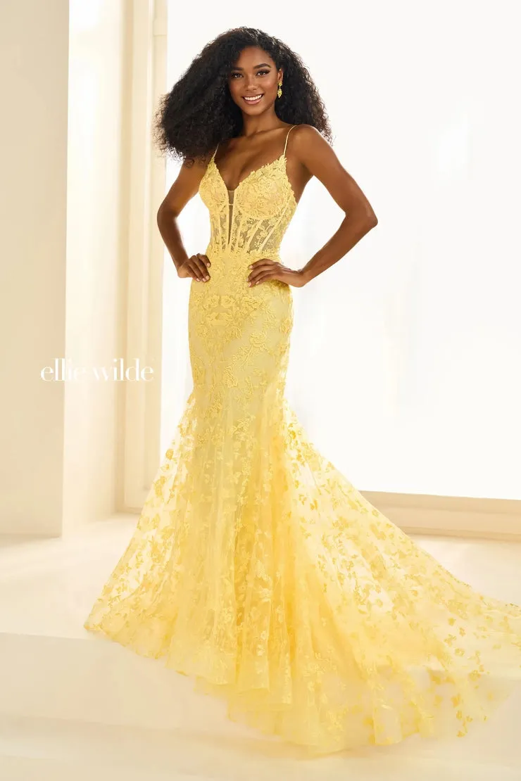 Ellie Wilde EW36008 Size 00 Strawberry Long Lace Mermaid Corset Prom Dress Formal Evening Gown V Neck Train