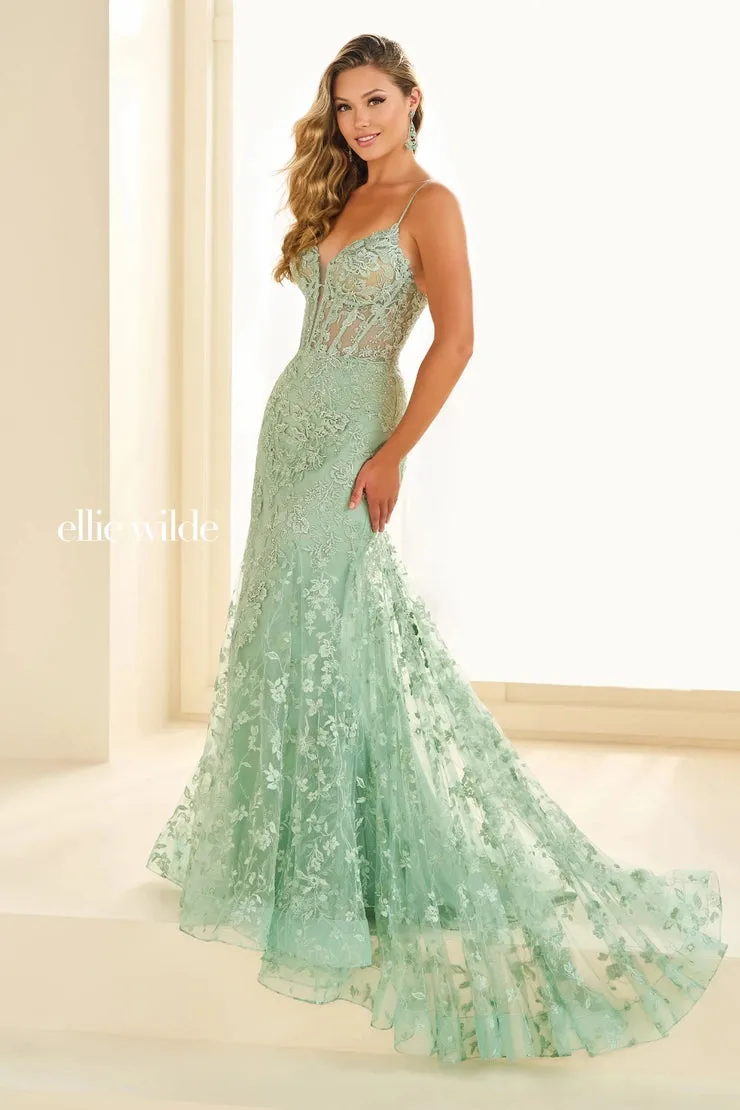 Ellie Wilde EW36008 Size 00 Strawberry Long Lace Mermaid Corset Prom Dress Formal Evening Gown V Neck Train