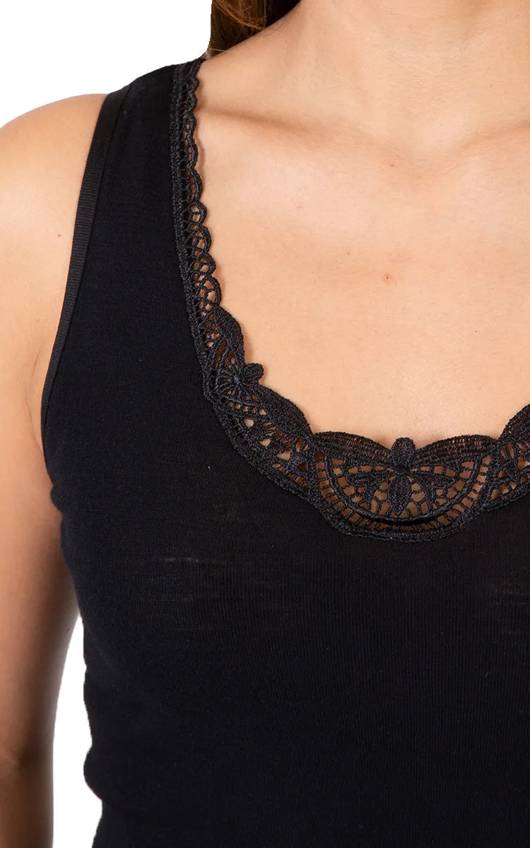 Emmebivi 85% Wool 15% Silk Singlet with Lace Trim in Black 93062