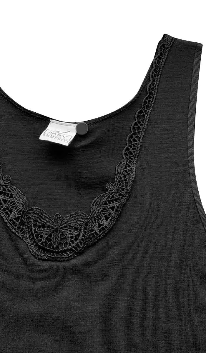 Emmebivi 85% Wool 15% Silk Singlet with Lace Trim in Black 93062
