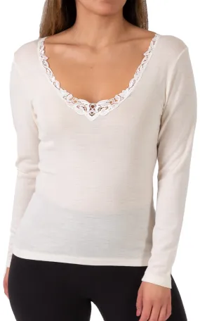 Emmebivi 85% Wool 15% Silk Top with Long Sleeve and Lace in Ivory 93064