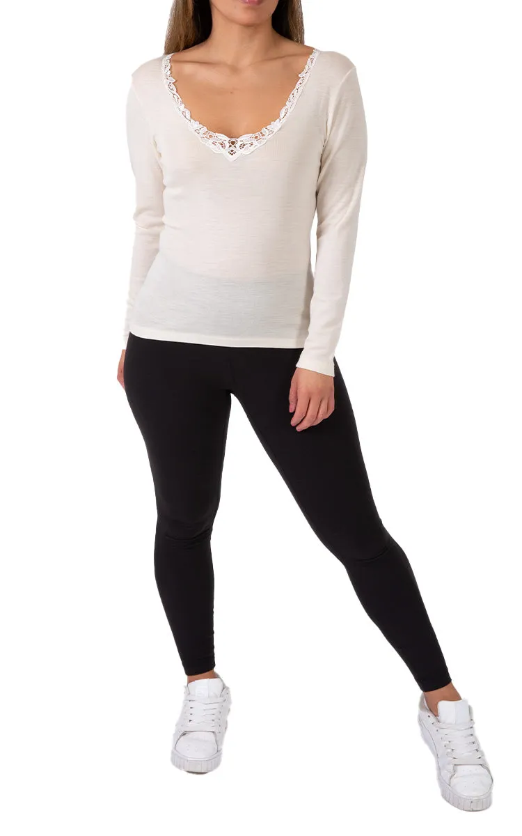 Emmebivi 85% Wool 15% Silk Top with Long Sleeve and Lace in Ivory 93064