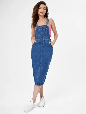 EZwear Slant Pocket Split Back Overall Denim Dress