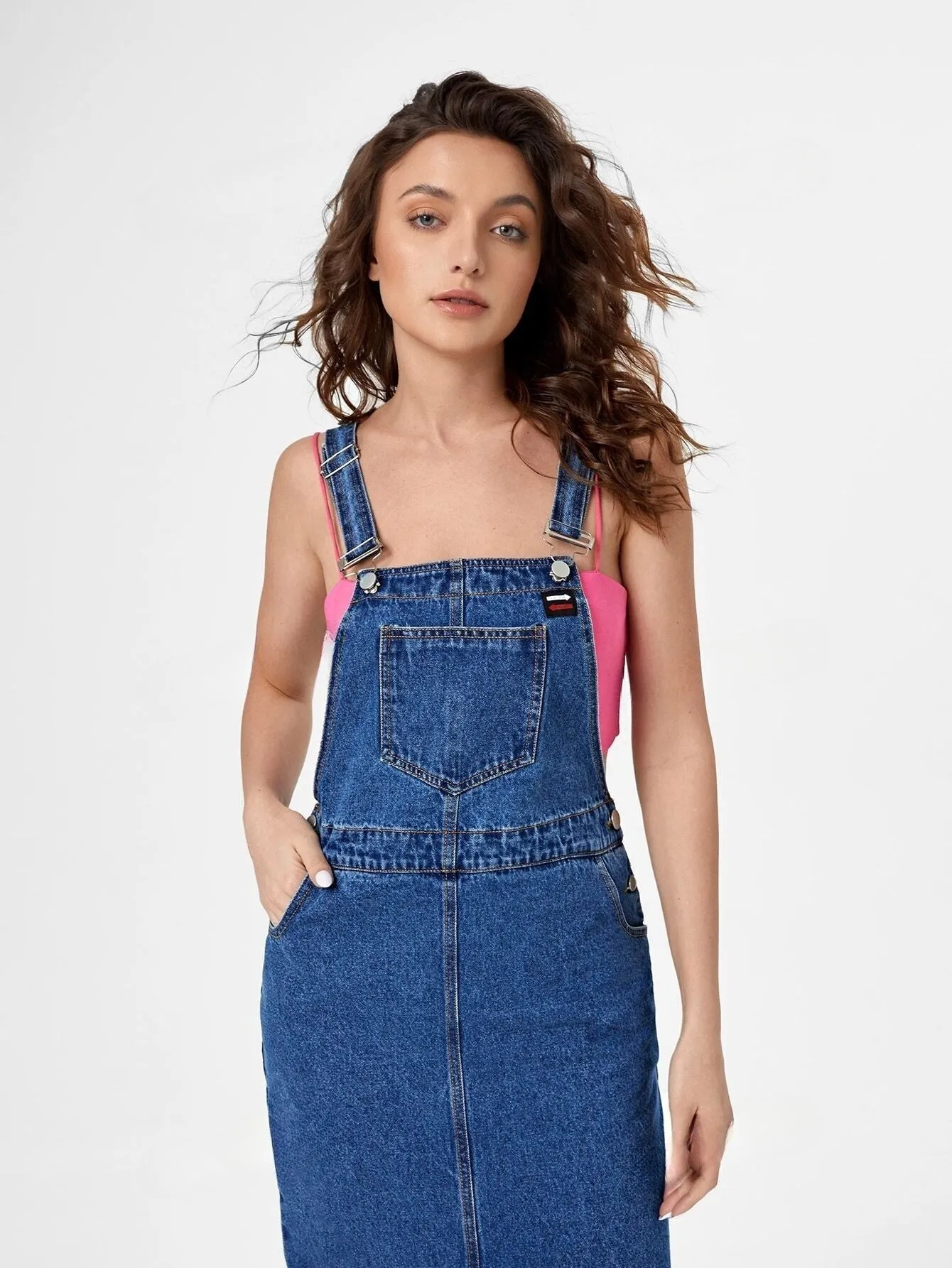 EZwear Slant Pocket Split Back Overall Denim Dress