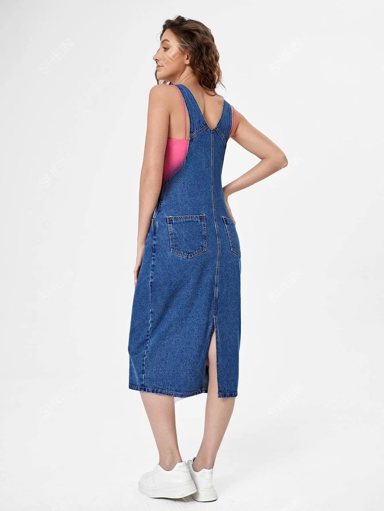 EZwear Slant Pocket Split Back Overall Denim Dress