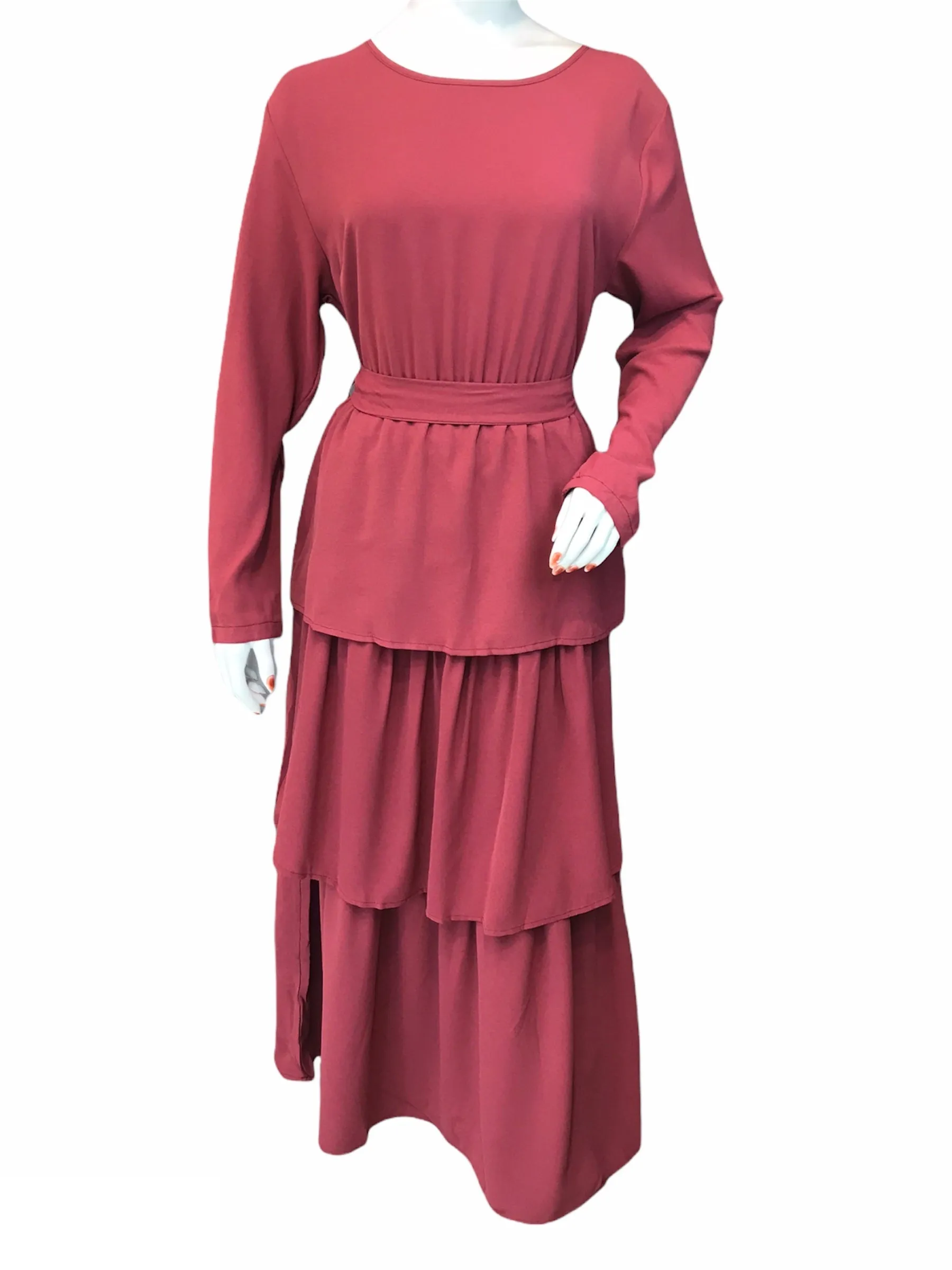 FASHIVO Solid Tiered Maxi Dress with Long Sleeves (Imported)