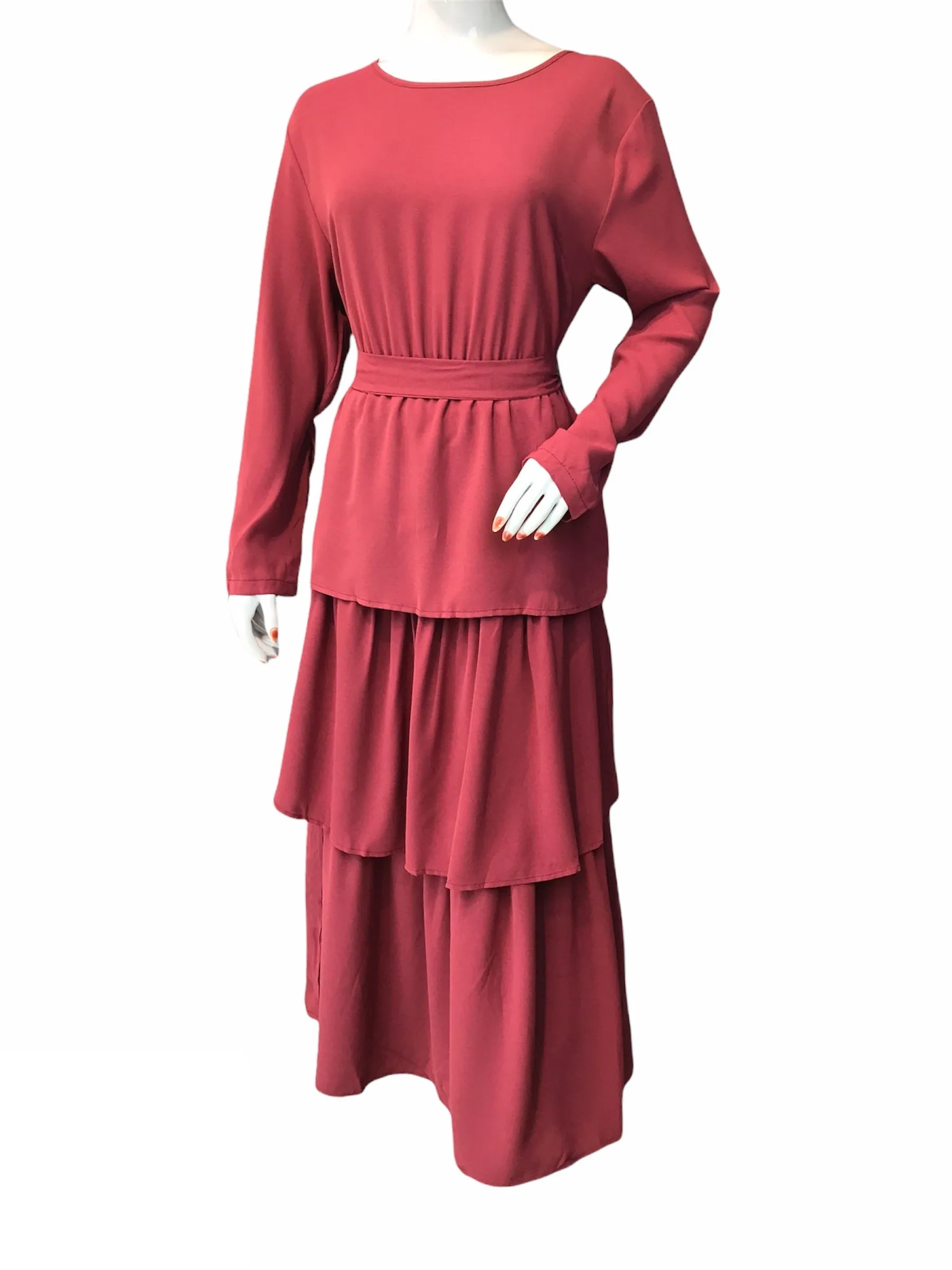 FASHIVO Solid Tiered Maxi Dress with Long Sleeves (Imported)