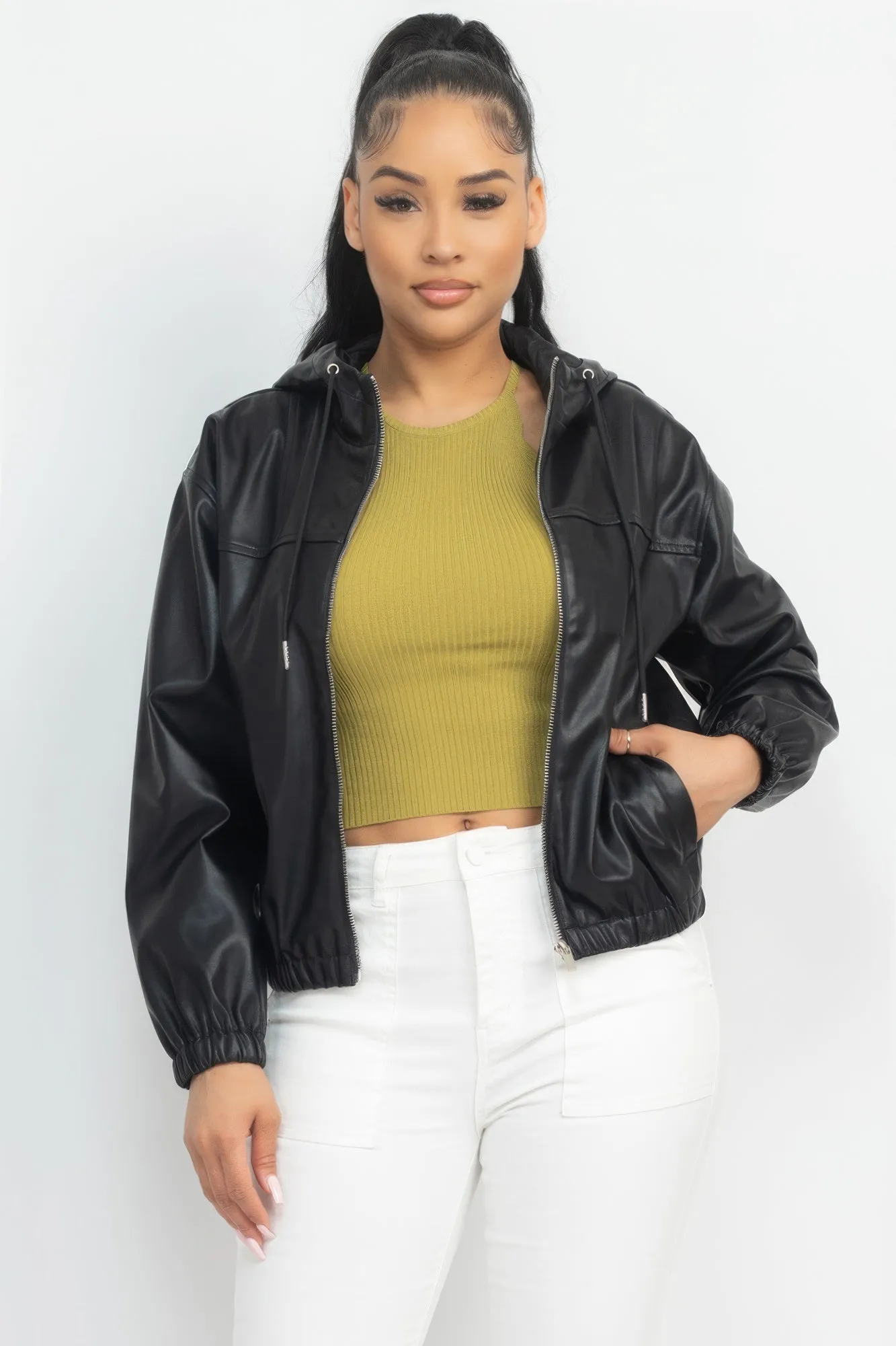 Faux Leather Hooded Jacket