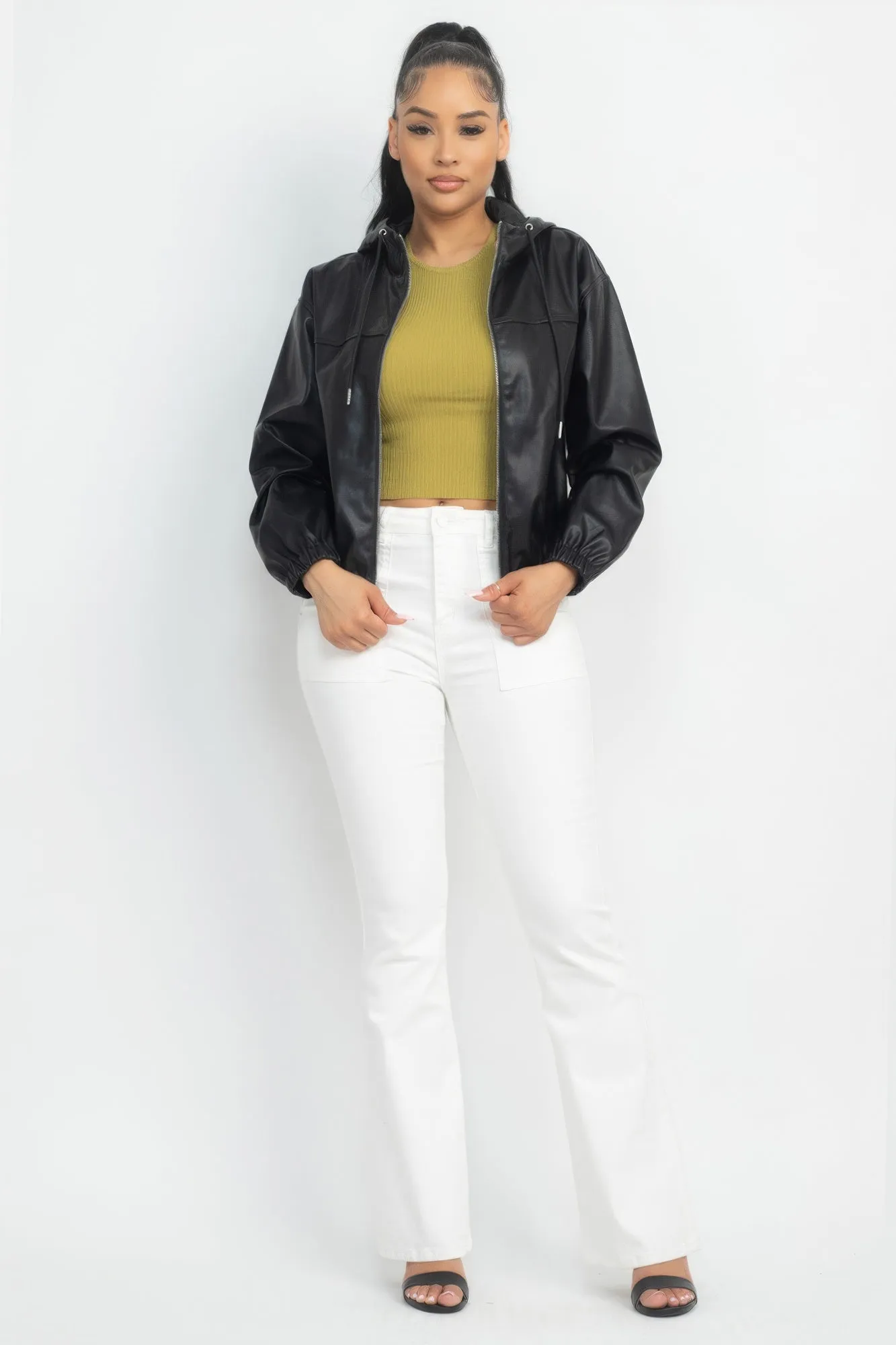 Faux Leather Hooded Jacket