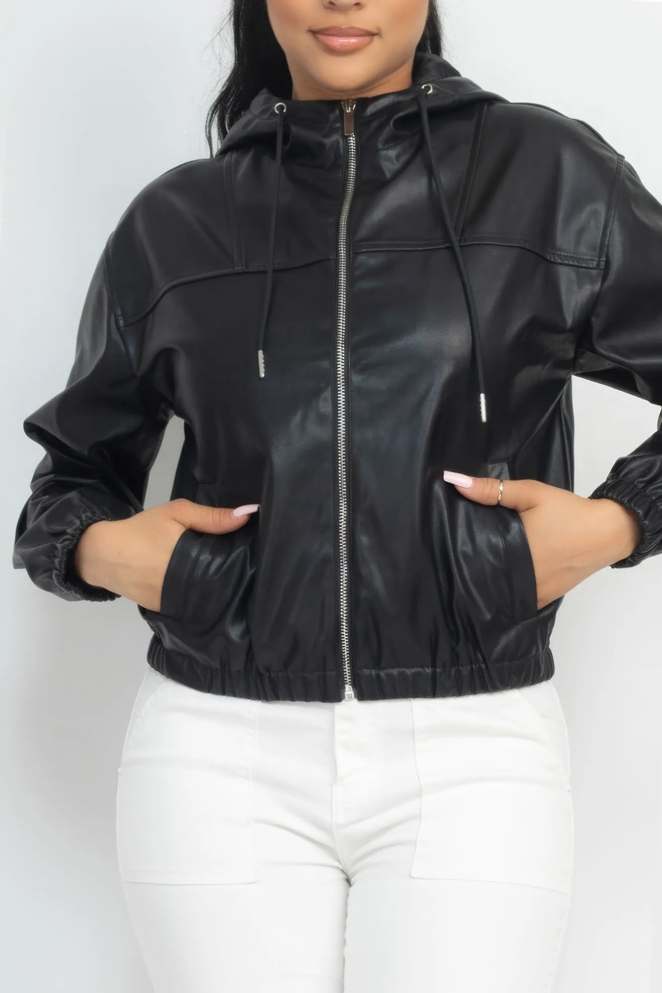 Faux Leather Hooded Jacket