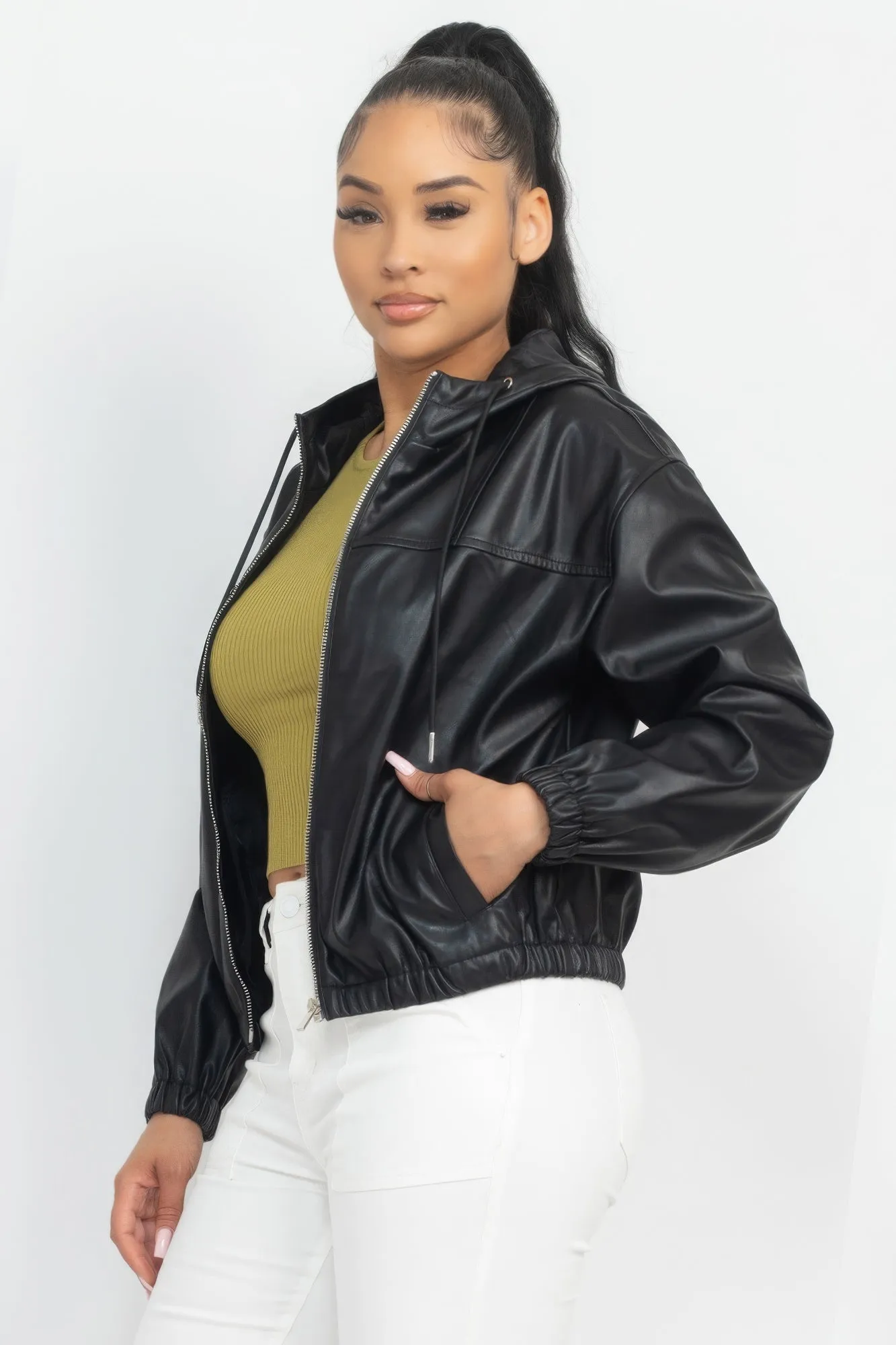 Faux Leather Hooded Jacket