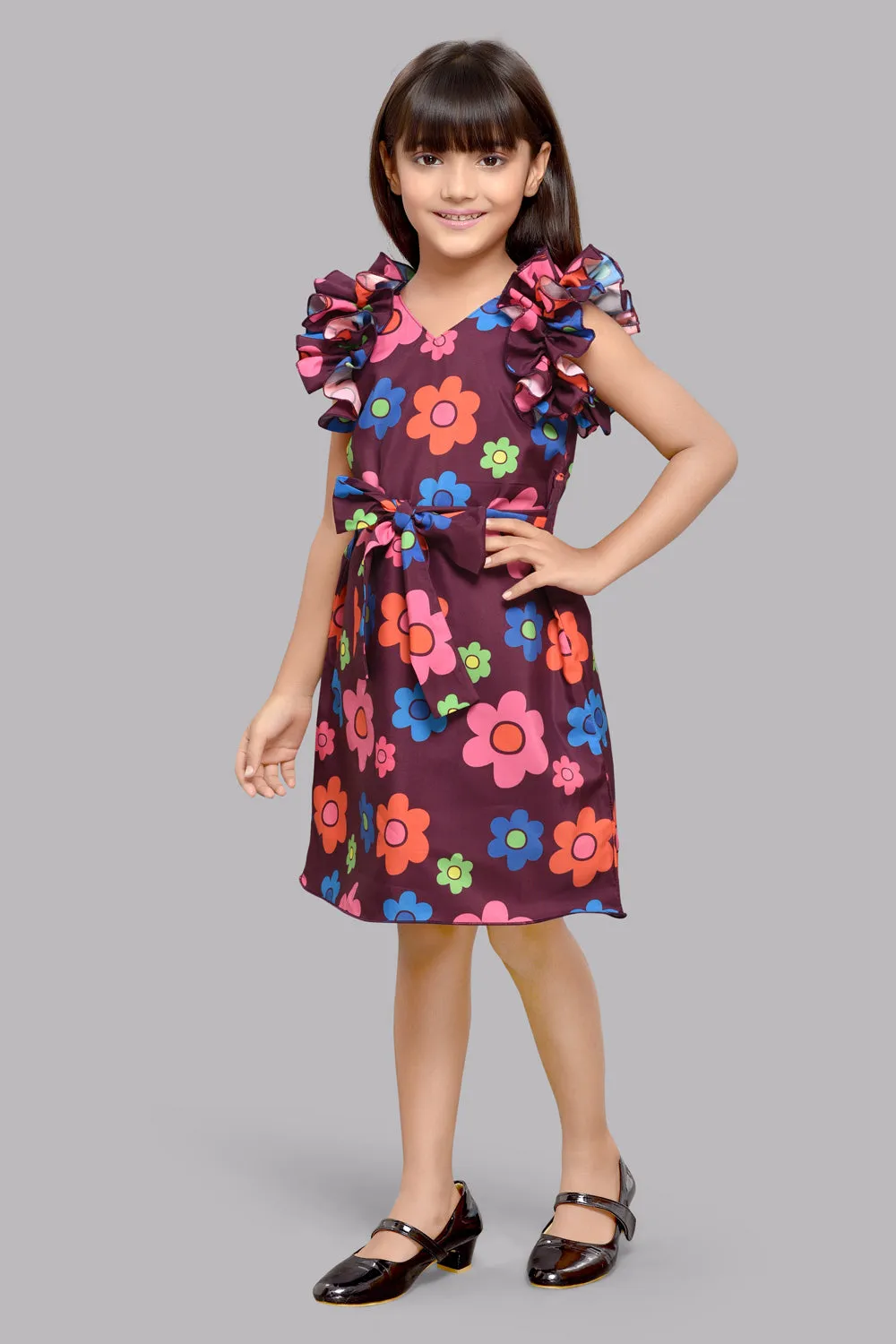 Floral Shift Dress with Ruffle Sleeves -Burgundy