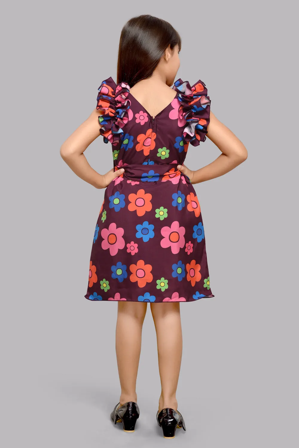 Floral Shift Dress with Ruffle Sleeves -Burgundy