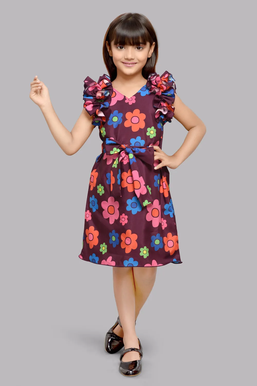 Floral Shift Dress with Ruffle Sleeves -Burgundy