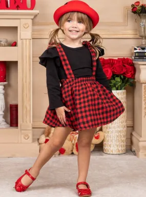 Girls Cute As a Button Ruffled Top and Plaid Pinafore Skirt Set