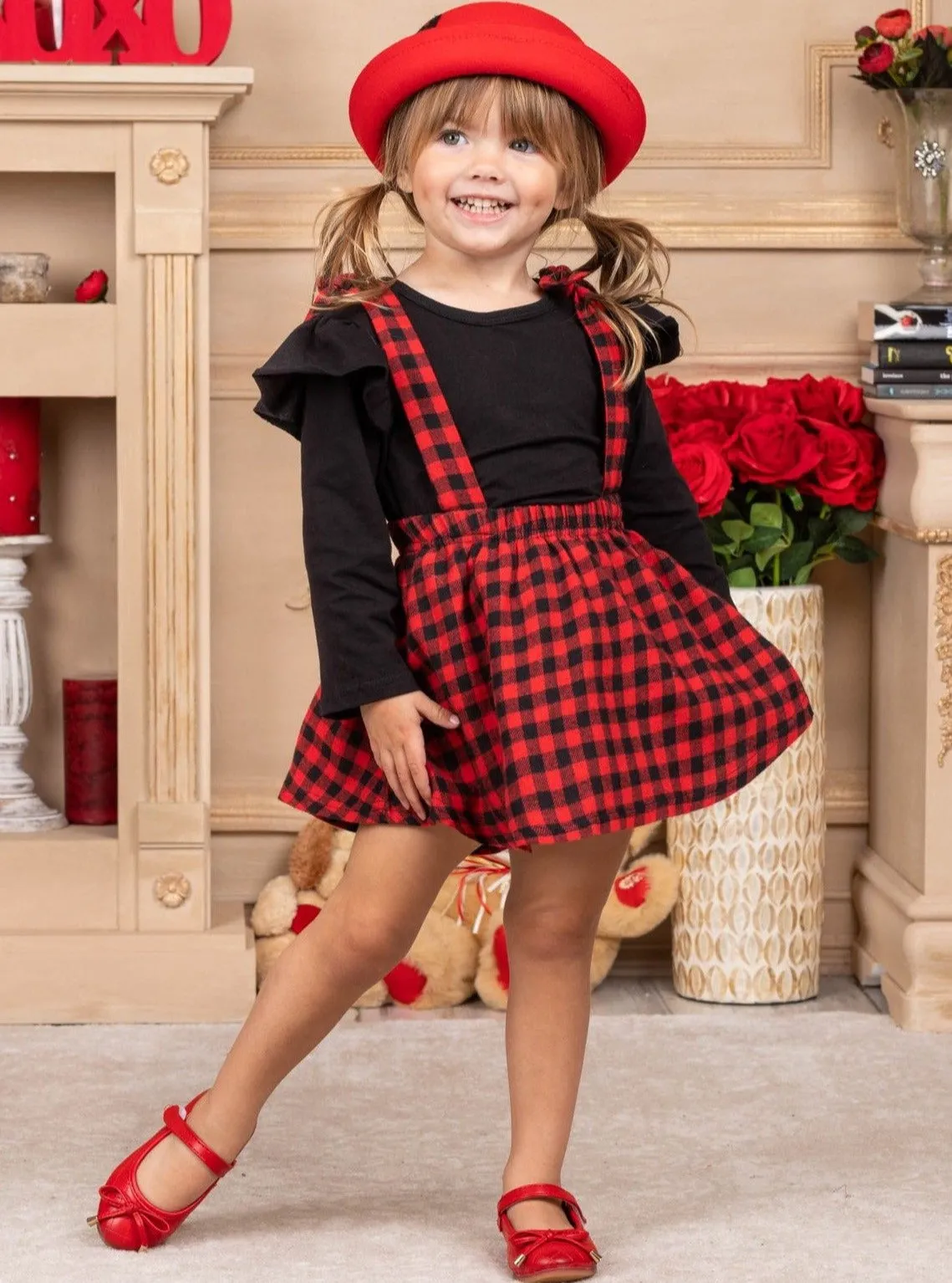Girls Cute As a Button Ruffled Top and Plaid Pinafore Skirt Set
