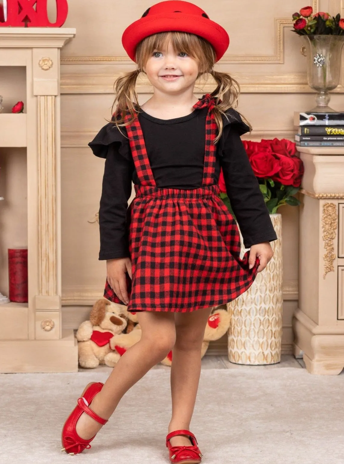 Girls Cute As a Button Ruffled Top and Plaid Pinafore Skirt Set
