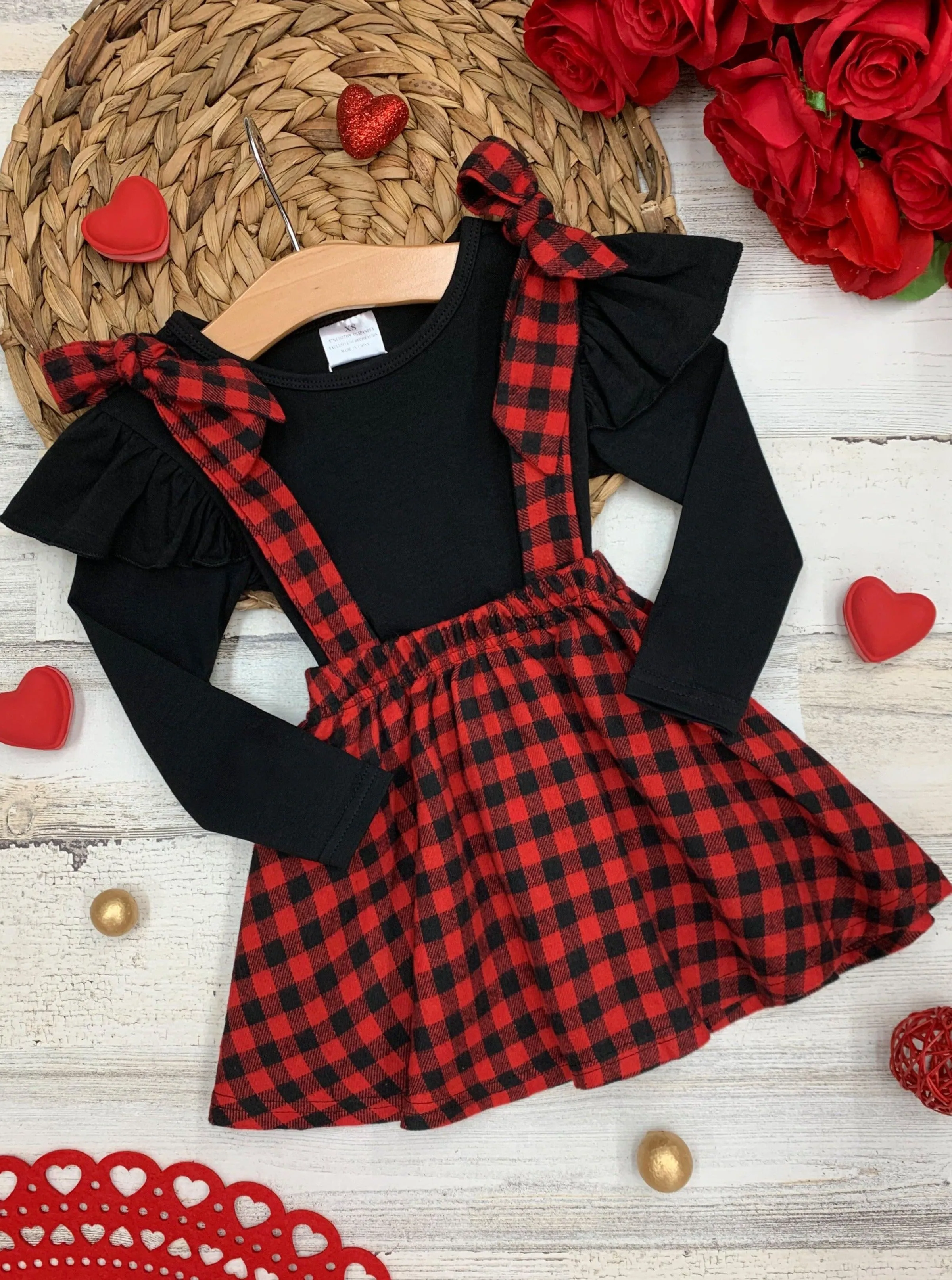 Girls Cute As a Button Ruffled Top and Plaid Pinafore Skirt Set