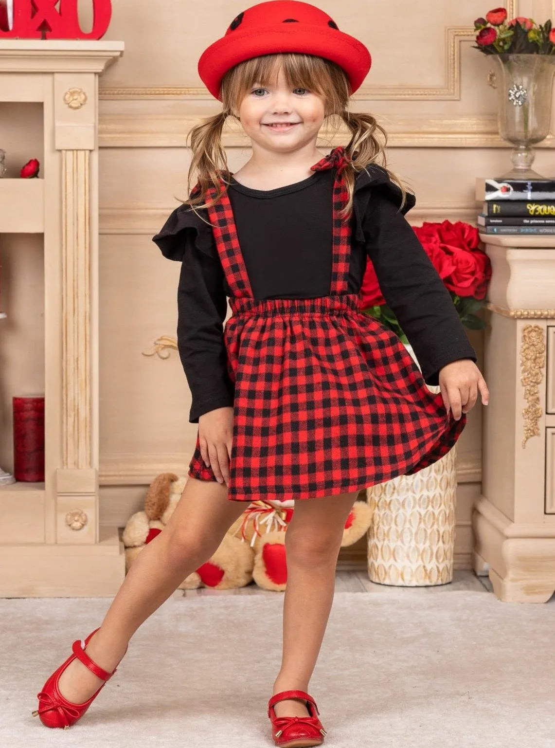 Girls Cute As a Button Ruffled Top and Plaid Pinafore Skirt Set