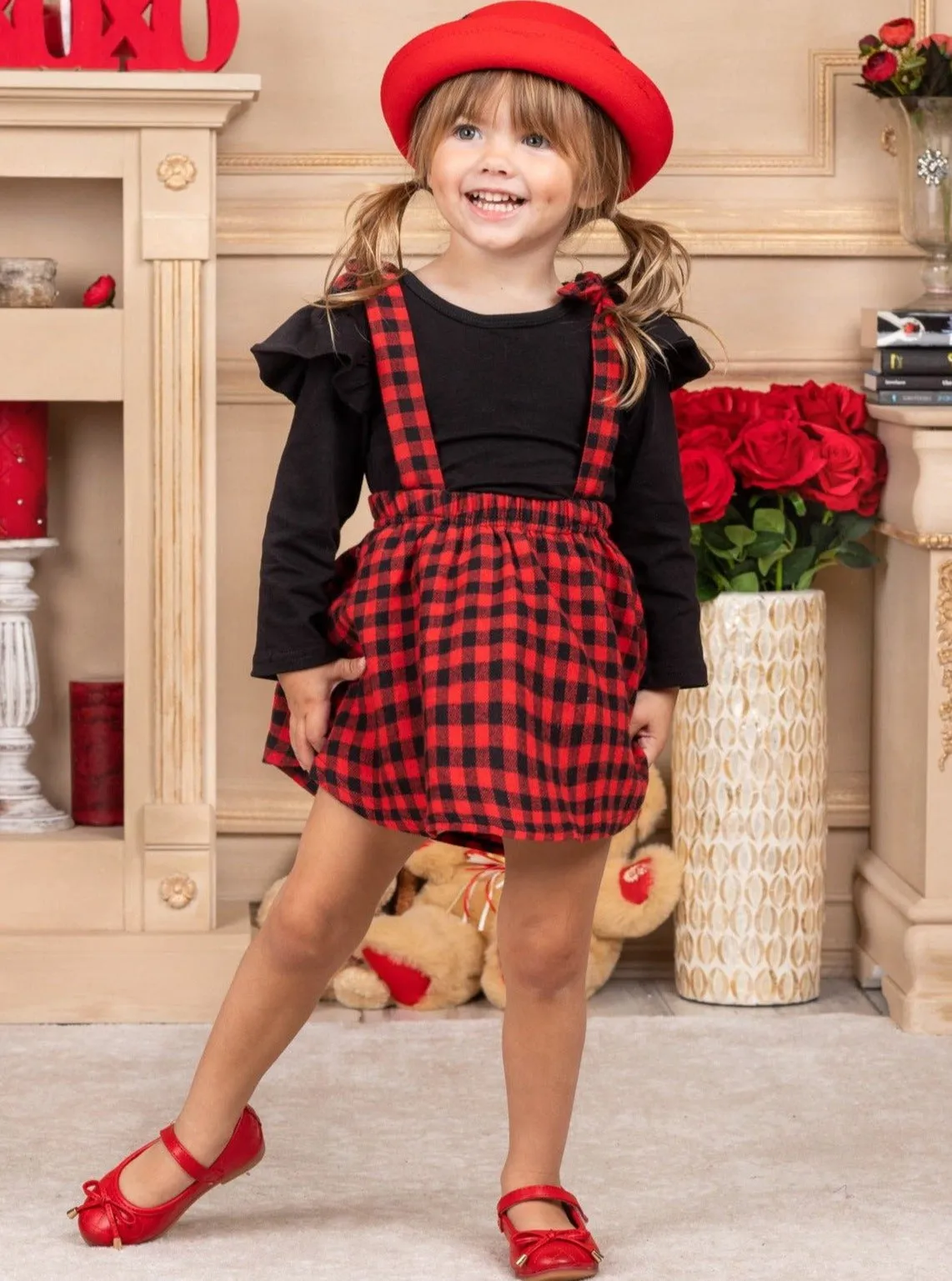 Girls Cute As a Button Ruffled Top and Plaid Pinafore Skirt Set