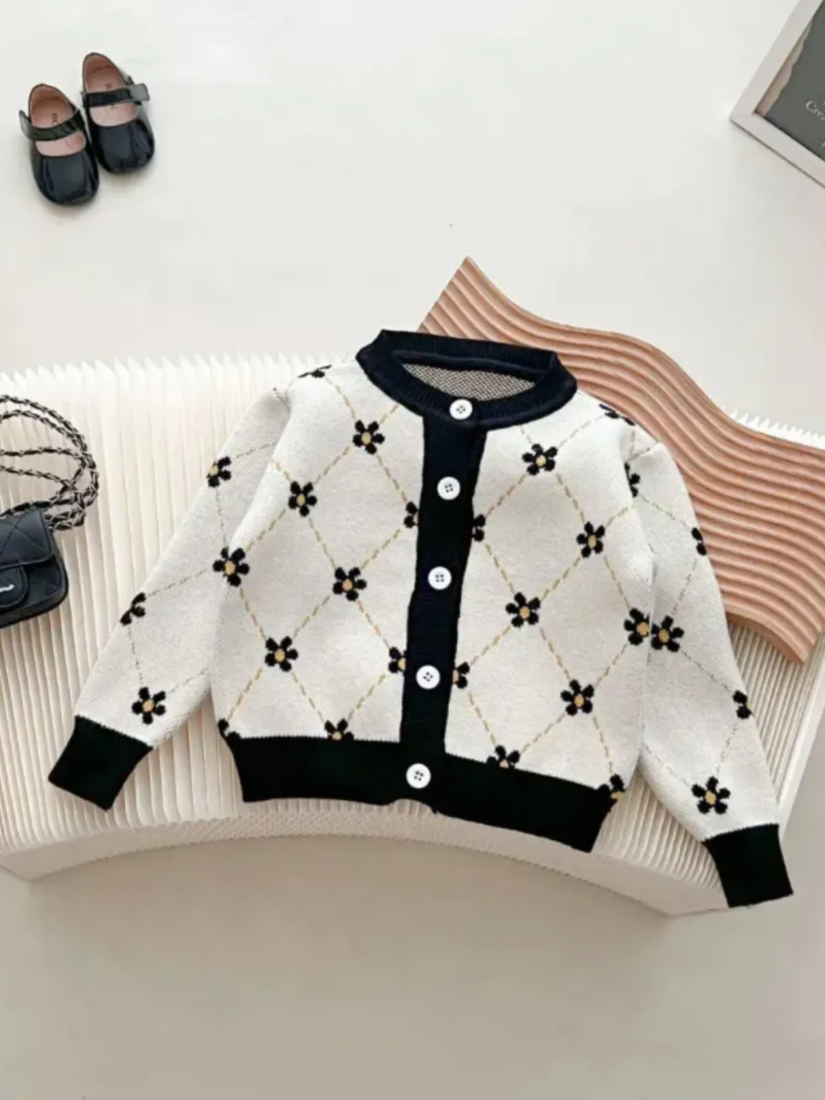 Girls Floral Knit Long Sleeve Dress with Button Details