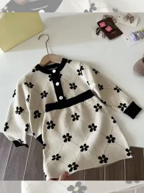 Girls Floral Knit Long Sleeve Dress with Button Details