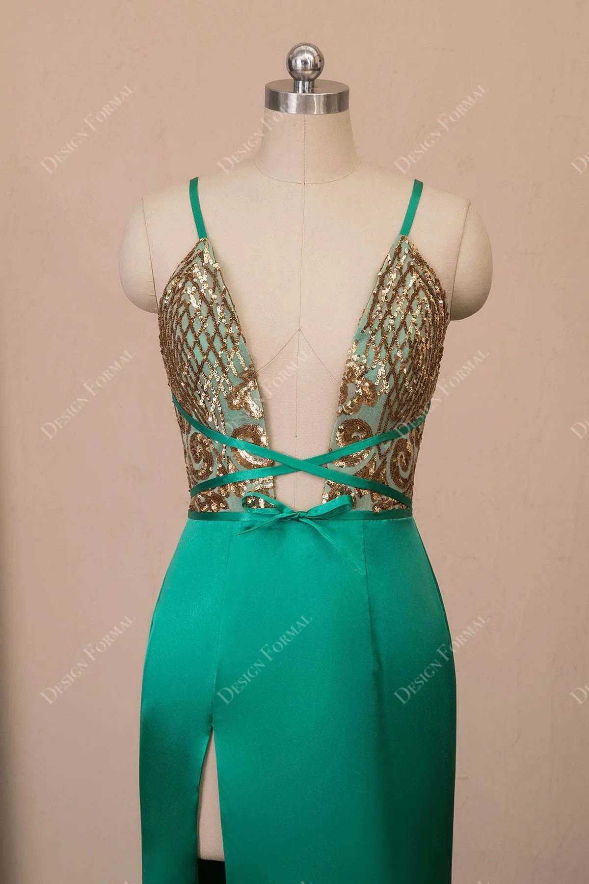 Gold Sequin Green Satin Sexy Slit Mermaid Dress