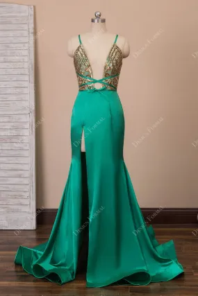 Gold Sequin Green Satin Sexy Slit Mermaid Dress