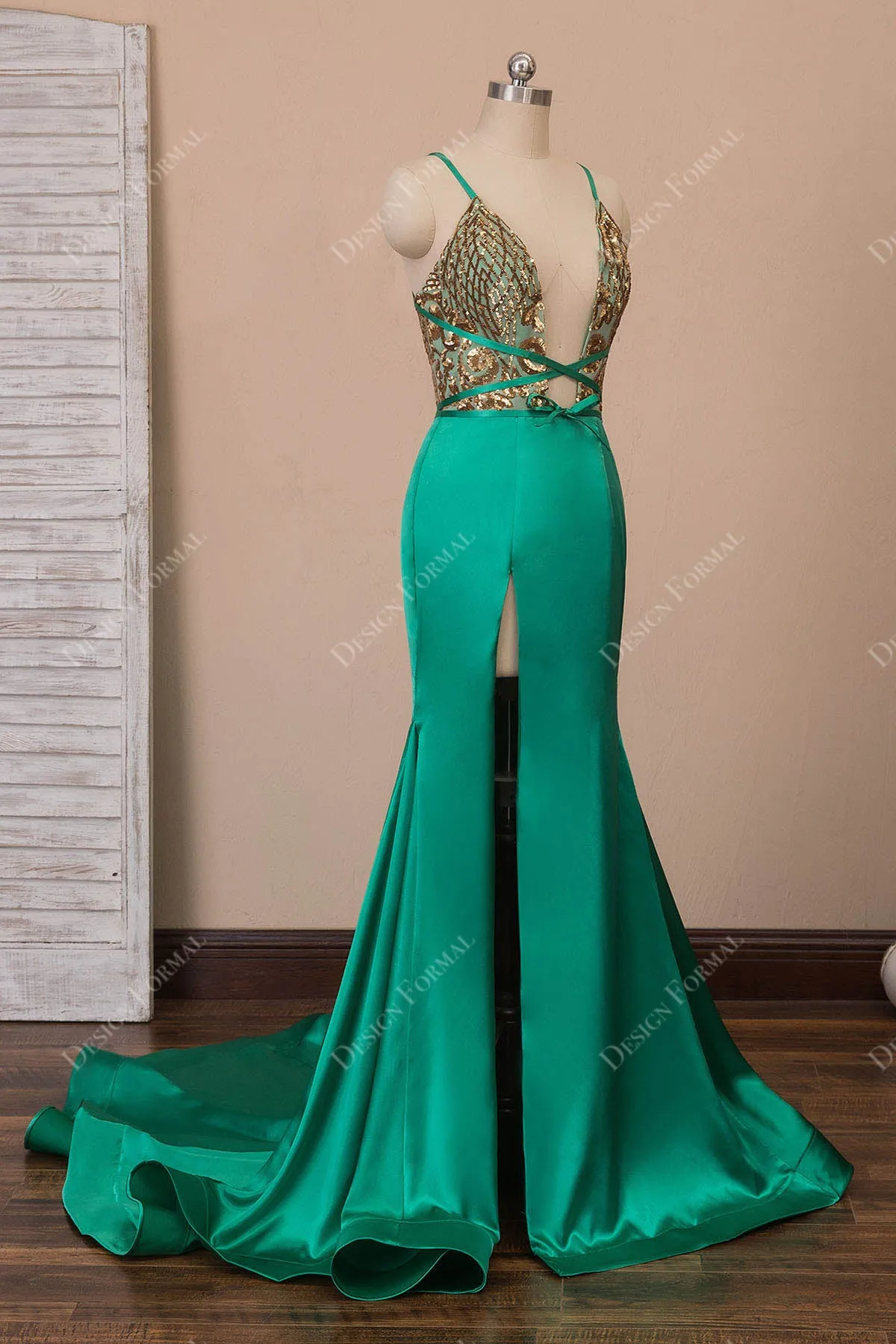 Gold Sequin Green Satin Sexy Slit Mermaid Dress