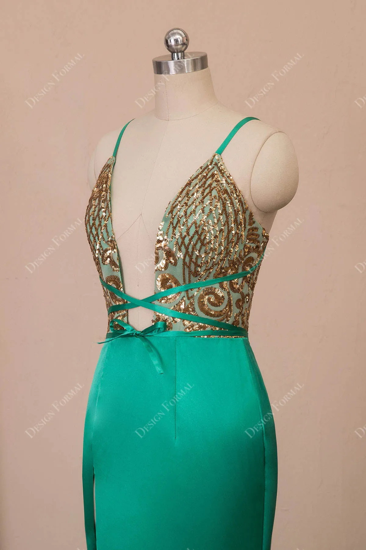 Gold Sequin Green Satin Sexy Slit Mermaid Dress