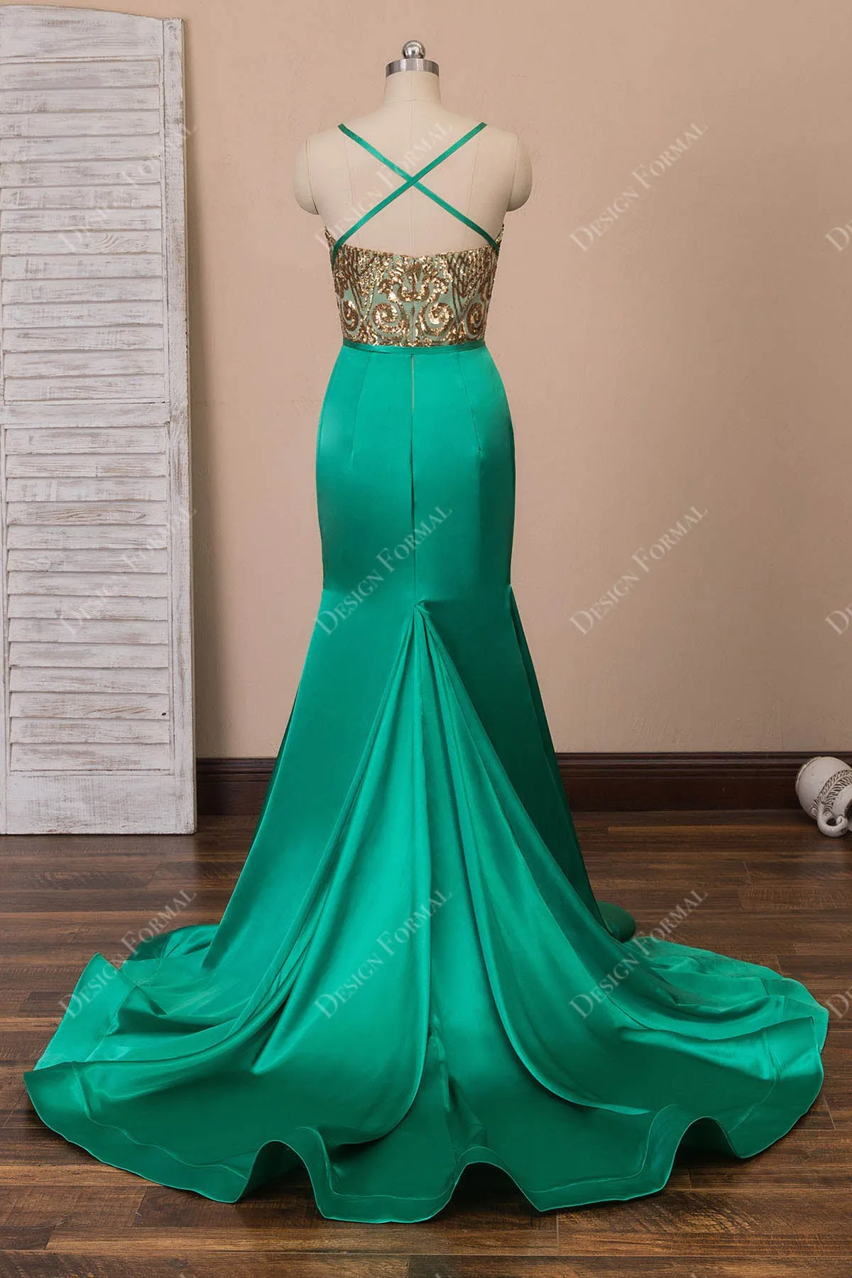 Gold Sequin Green Satin Sexy Slit Mermaid Dress