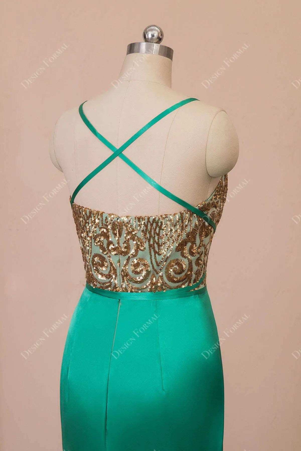 Gold Sequin Green Satin Sexy Slit Mermaid Dress