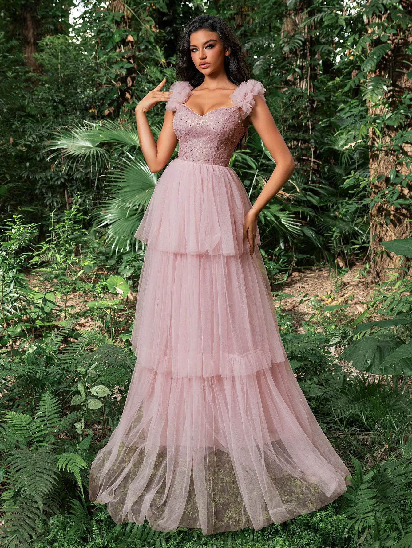 Gorgeous Sweetheart Collar Sequin Bodice Contrast Mesh Hem Prom Dress