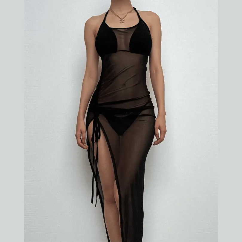 Halter drawstring sheer mesh see through slit backless maxi dress