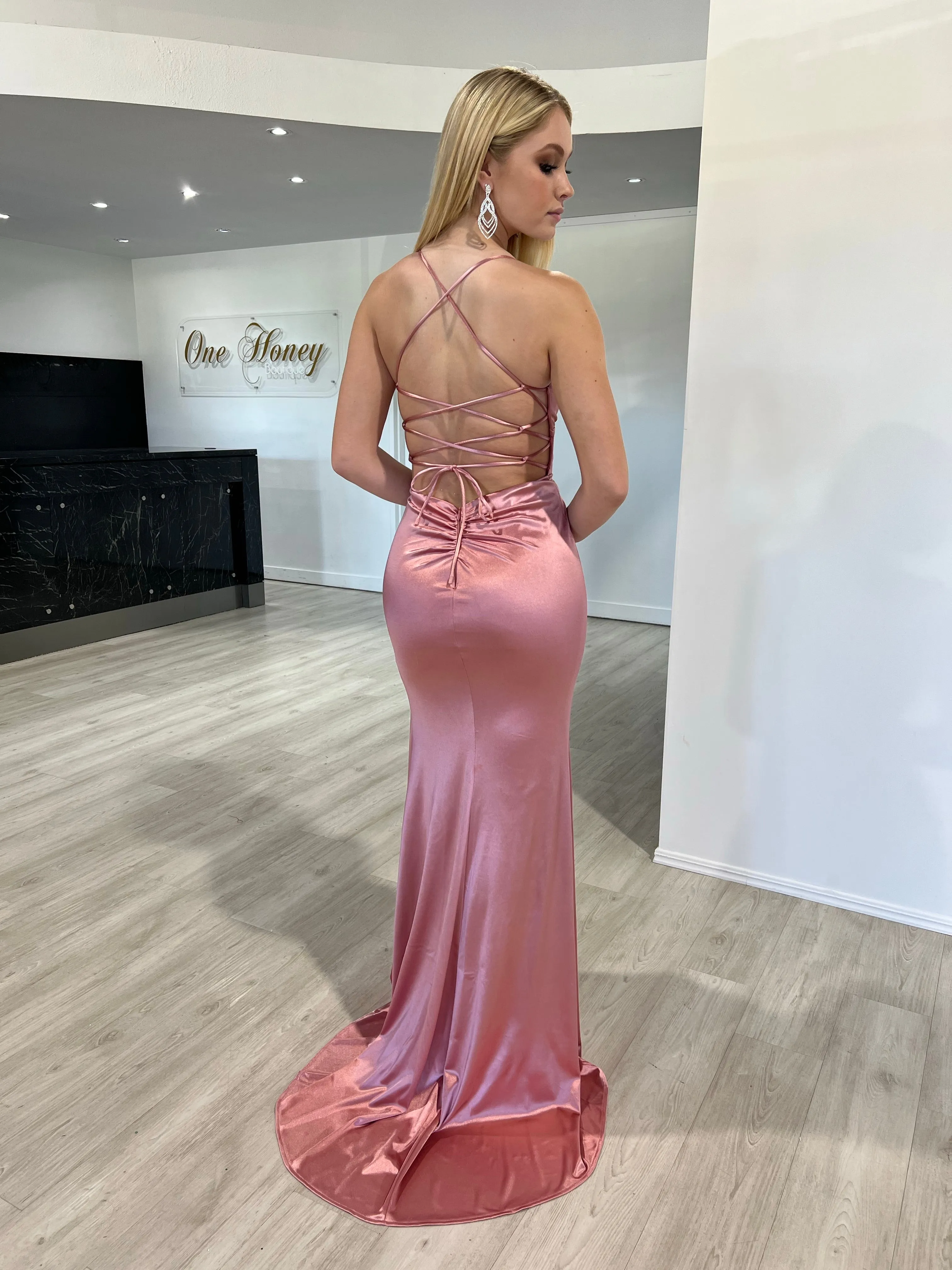Honey Couture JALI Lace Back Silky Bum Ruching Formal Dress