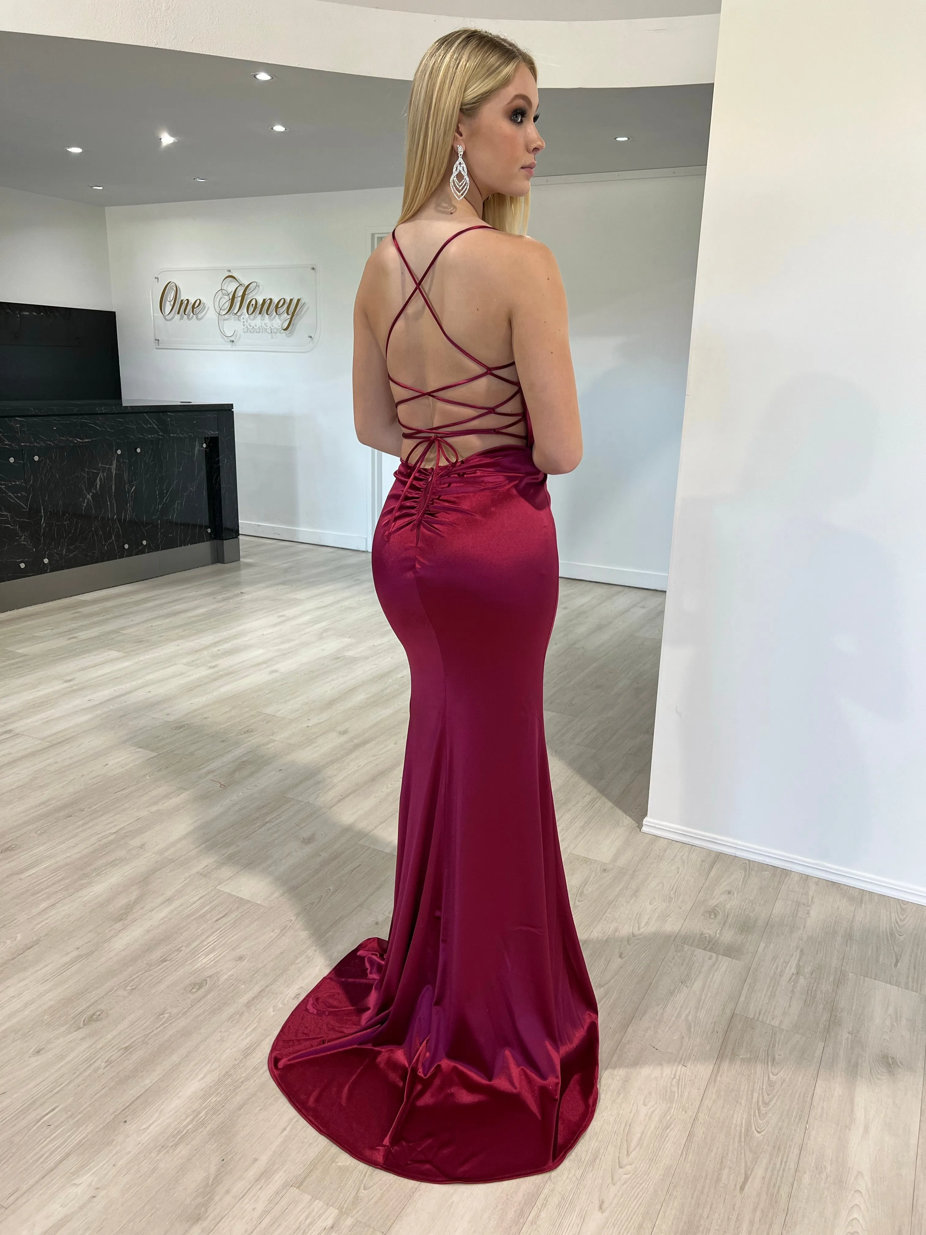 Honey Couture JALI Lace Back Silky Bum Ruching Formal Dress
