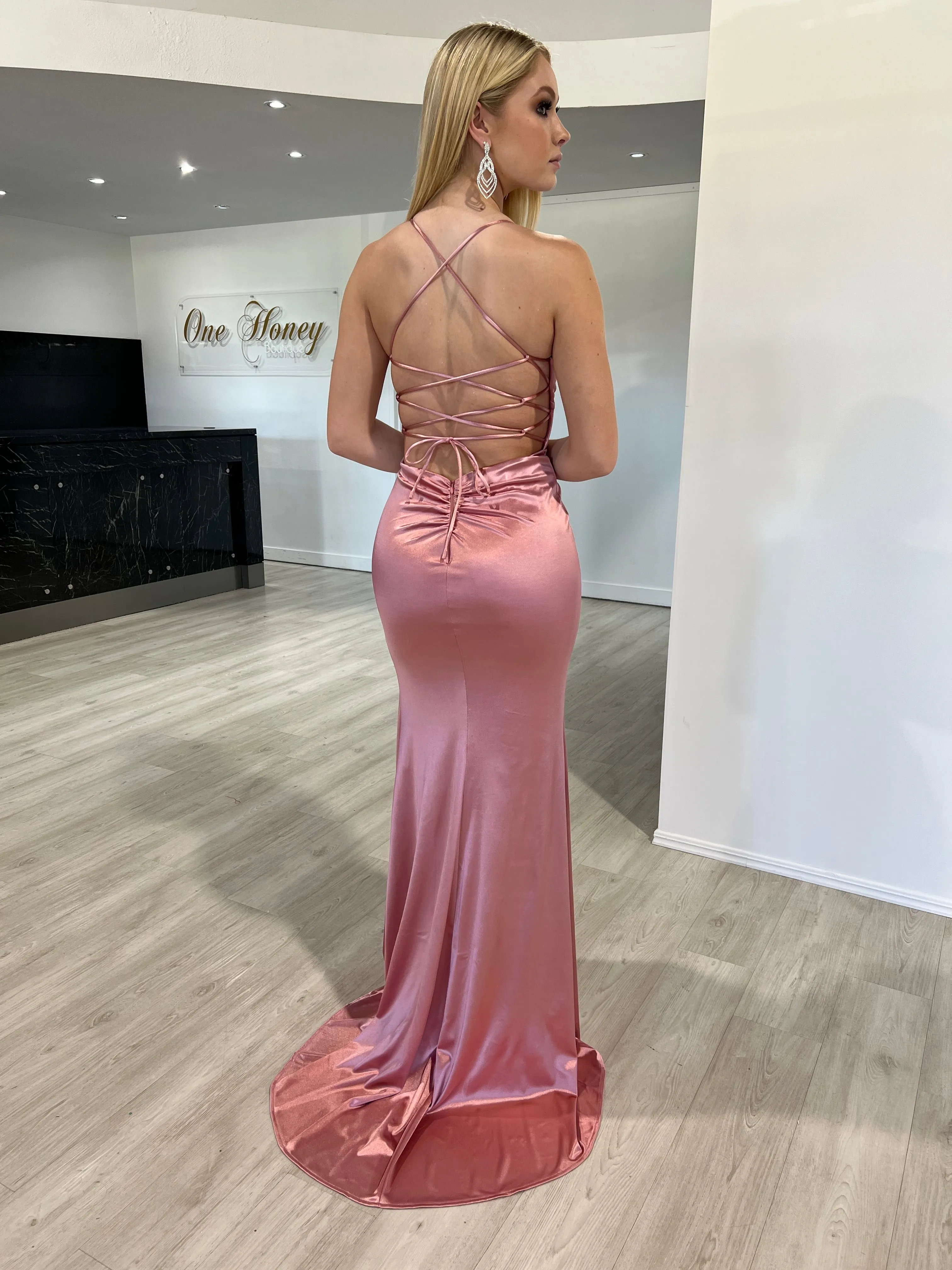 Honey Couture JALI Lace Back Silky Bum Ruching Formal Dress