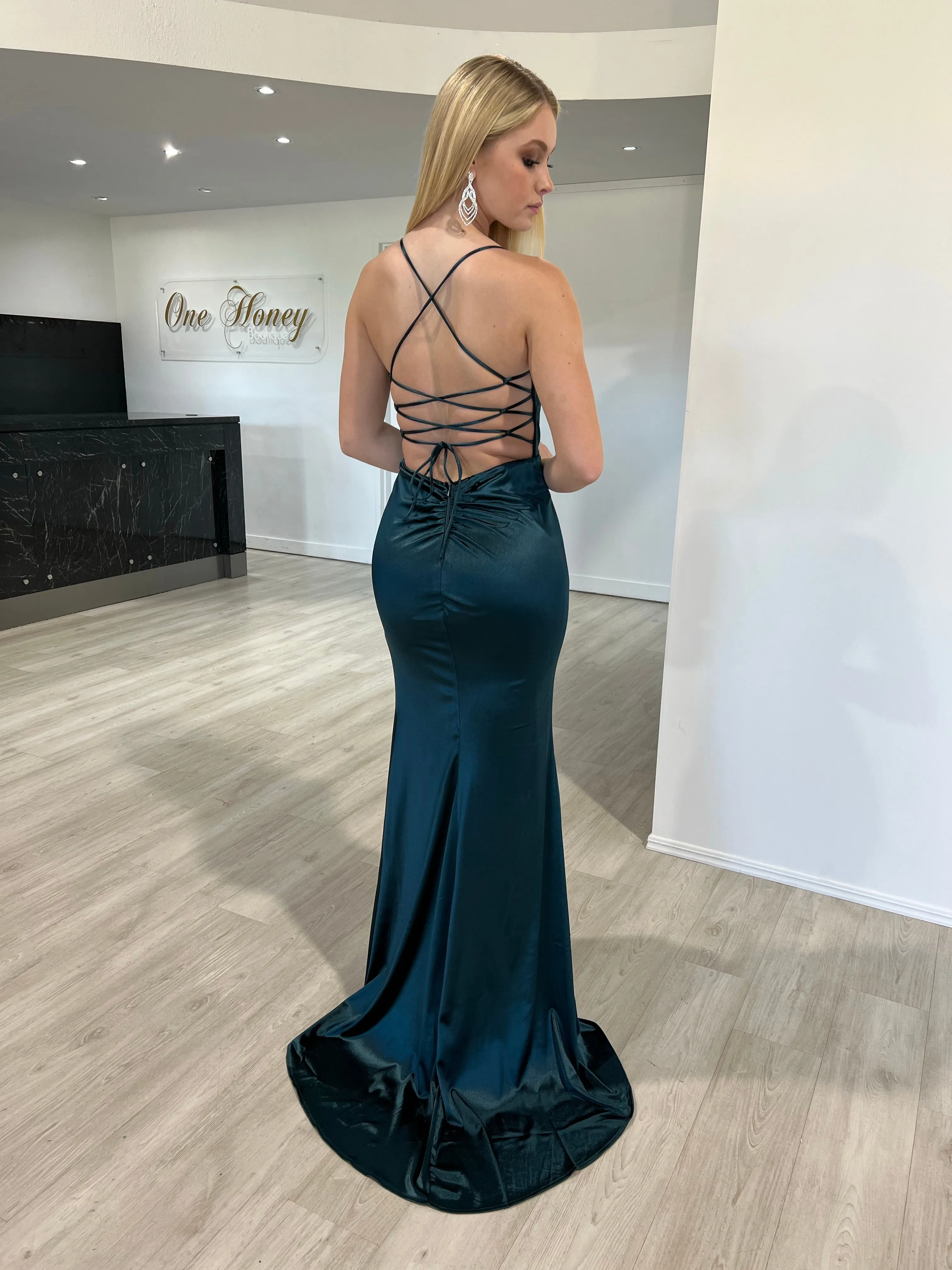 Honey Couture JALI Lace Back Silky Bum Ruching Formal Dress