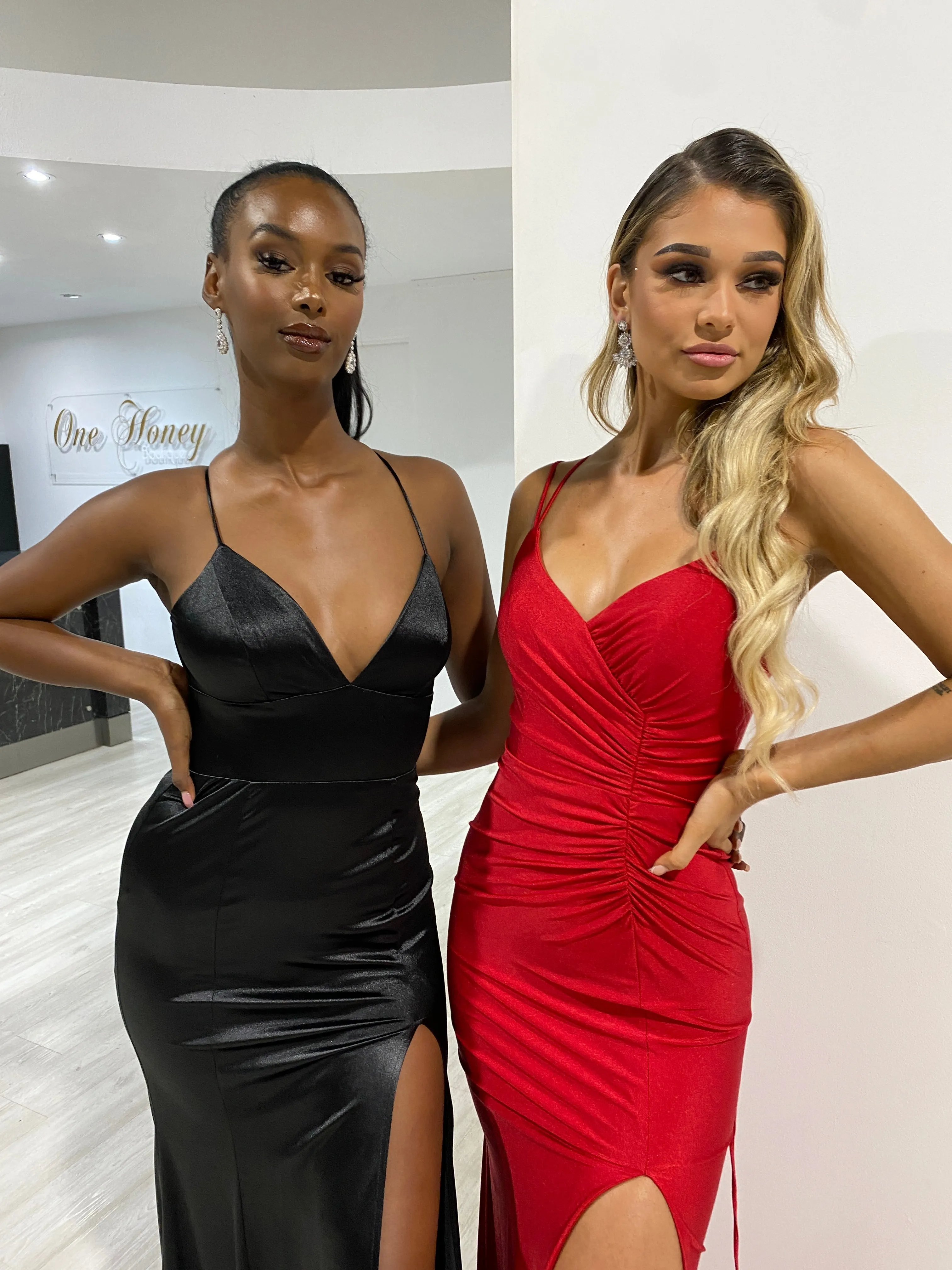 Honey Couture JALI Lace Back Silky Bum Ruching Formal Dress