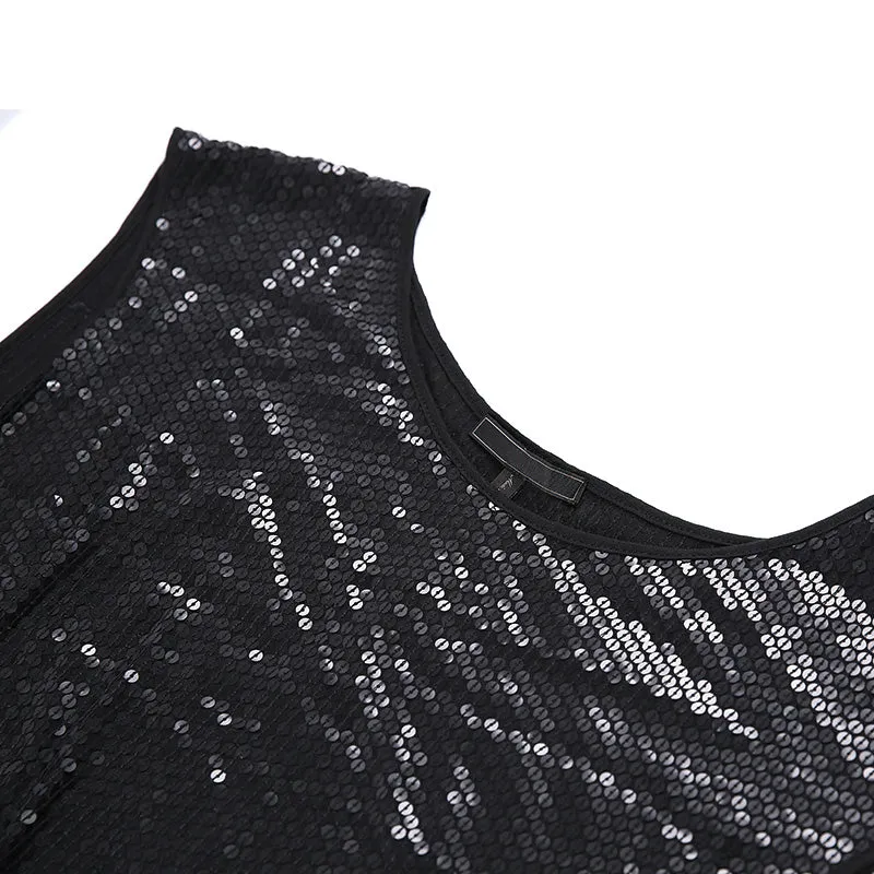 I720 Women Fully sequined jersey round neck sleeveless mini party dress